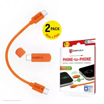 Displex carregador de emergência Phone-to-Phone, USB-C para USB-C, ficha mini + cabo flexível, conjunto compacto de 2