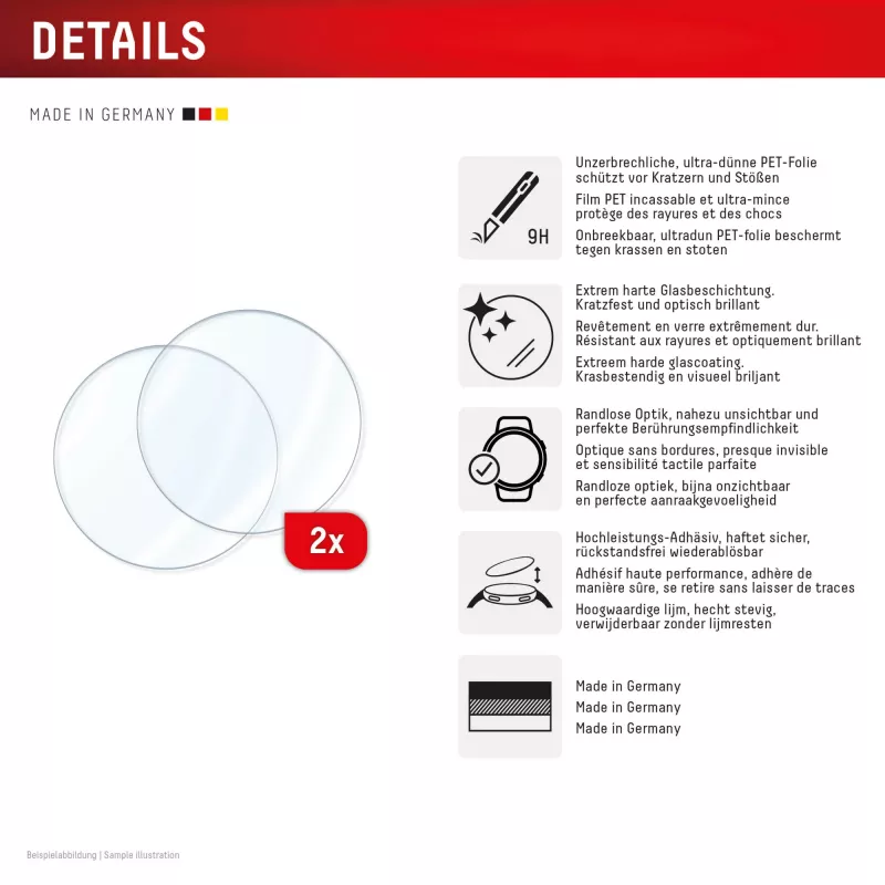 Película de proteção de ecrã e.v.i. Displex vidro 9H para Galaxy Watch 8 40 mm, pack de 2, ultrafina, sem moldura, anti-dedadas