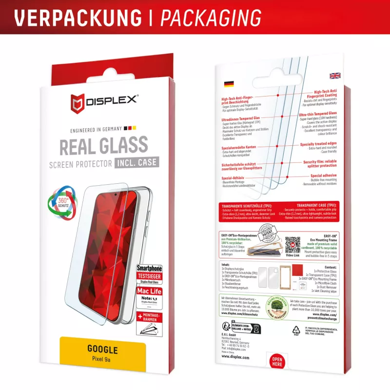 Vidro de proteção de ecrã Displex + capa para Google Pixel 9a — vidro temperado, moldura de montagem Eco, transparente, resistente a riscos
