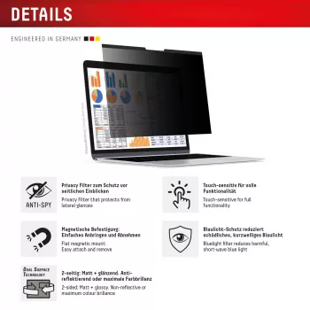 Filtro de privacidade e.v.i. Displex PRIVACY SAFE magnético 2 vias para portátil / notebook de 16 polegadas (16:10), sem moldura, brilhante/mate, 3H