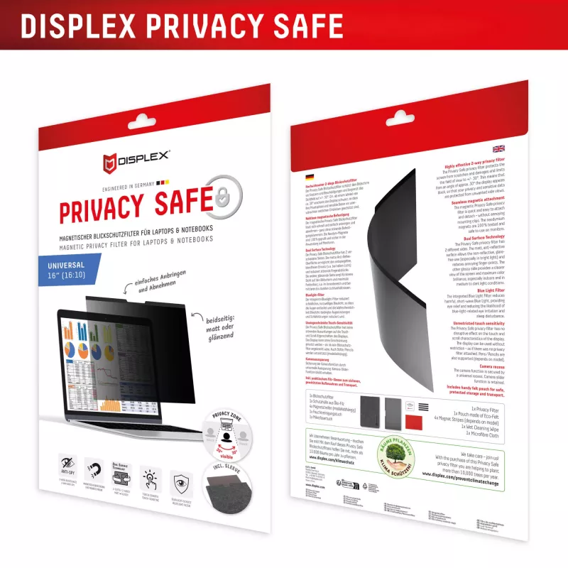 Filtro de privacidade e.v.i. Displex PRIVACY SAFE magnético 2 vias para portátil / notebook de 16 polegadas (16:10), sem moldura, brilhante/mate, 3H