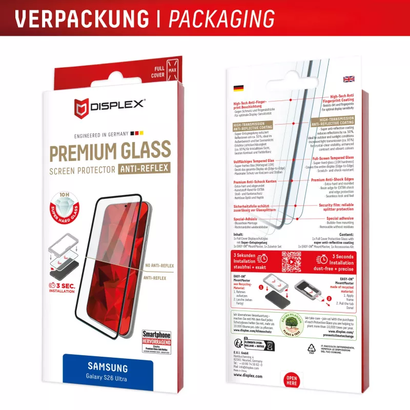Protetor de ecrã Displex Premium (cobertura total, 10H) para Samsung S26 Ultra, cobertura total