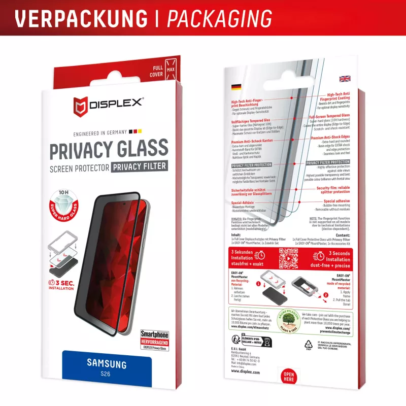 Vidro de proteção de ecrã com filtro de privacidade Displex (10H) para Samsung S26, filtro de privacidade