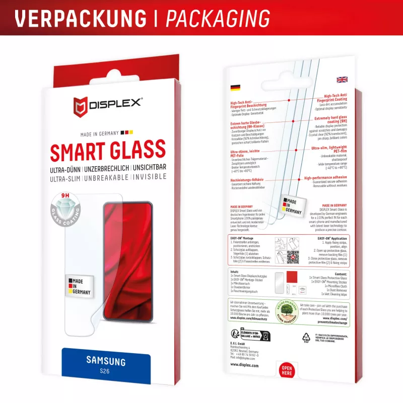 Vidro Smart Glass Displex (9H) para Samsung S26, inquebrável, Samsung, Galaxy S26, aplicação a seco, resistente a quebras, repelente de sujidade, resistente a riscos, transparente, 1 unid.