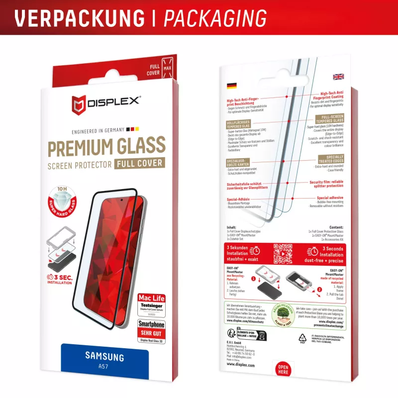 Película de proteção de ecrã Displex Premium (cobertura total, 10H) para Samsung A57, cobertura total