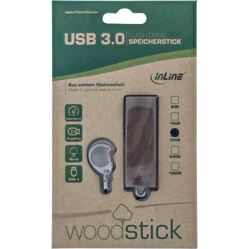 Pen drive USB 3.0 InLine, Woodline nogueira, com porta-chaves, 32 GB