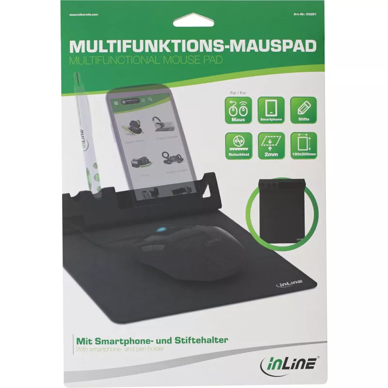 Tapete de rato InLine 55261 — tapete multifuncional de borracha com suporte para smartphone e caneta, 250×? mm, preto