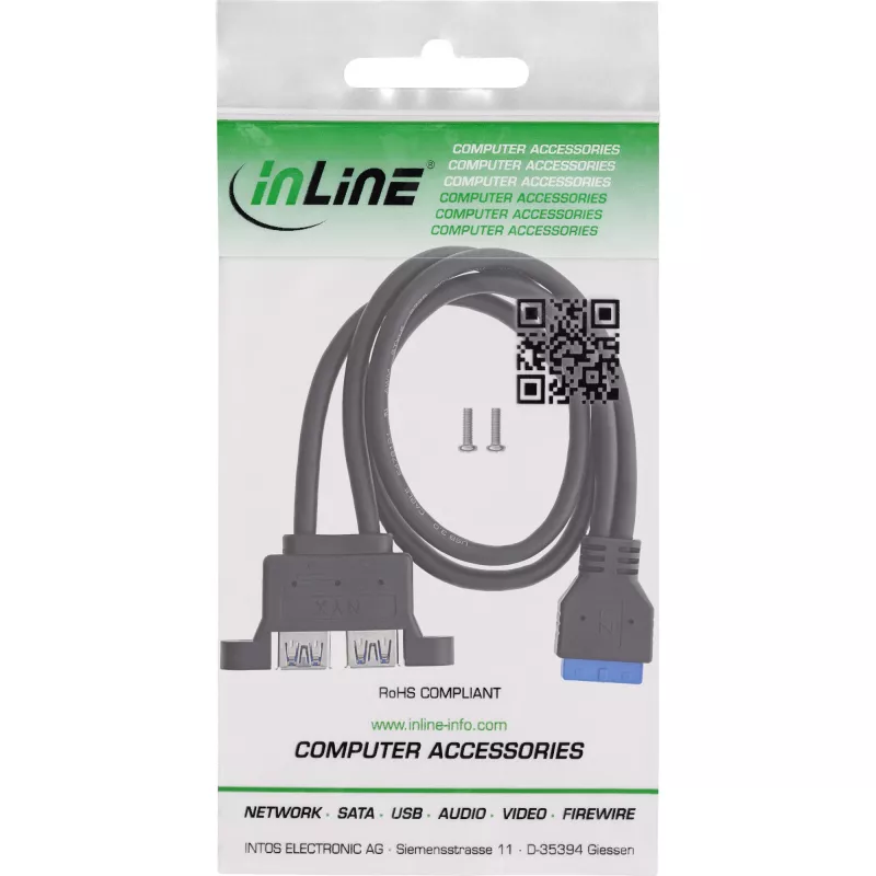 Cabo USB 3.2 Gen 1 interno InLine 33390K, placa-mãe para 2x conector fêmea USB-A, 0,45 m