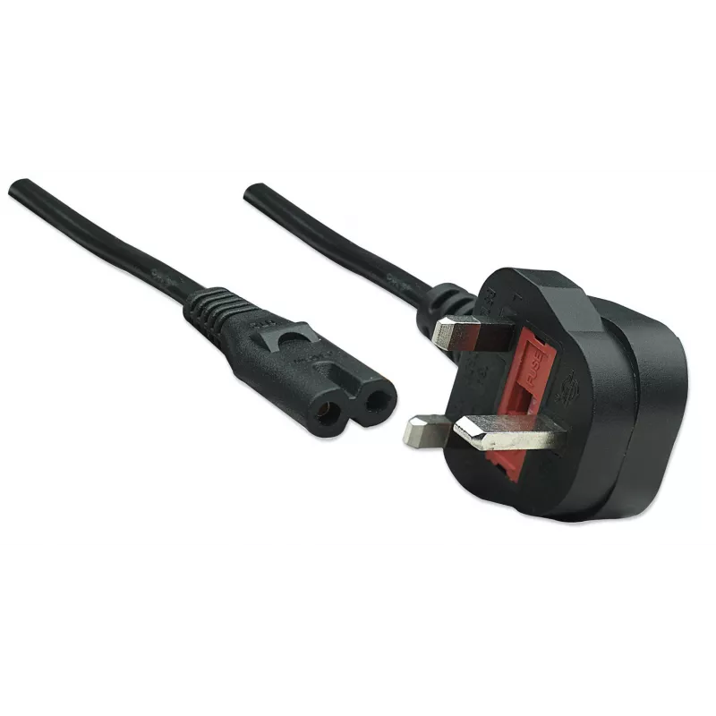 Manhattan Cabo de alimentação, ficha UK 3 polos para conector fêmea C7 (conector de aparelho), 1,8 m, 13 A, preto, cabo, garantia vitalícia