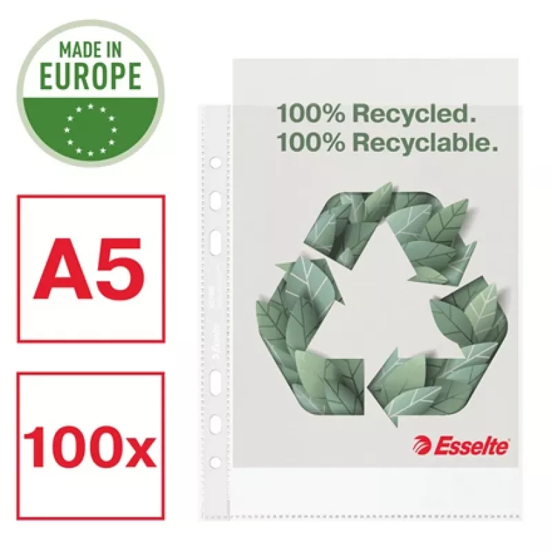 Bolsa reciclada Esselte A5, 150 x 210 mm (A5), transparente, polipropileno (PP), horizontal/vertical, topo, 0,07 mm