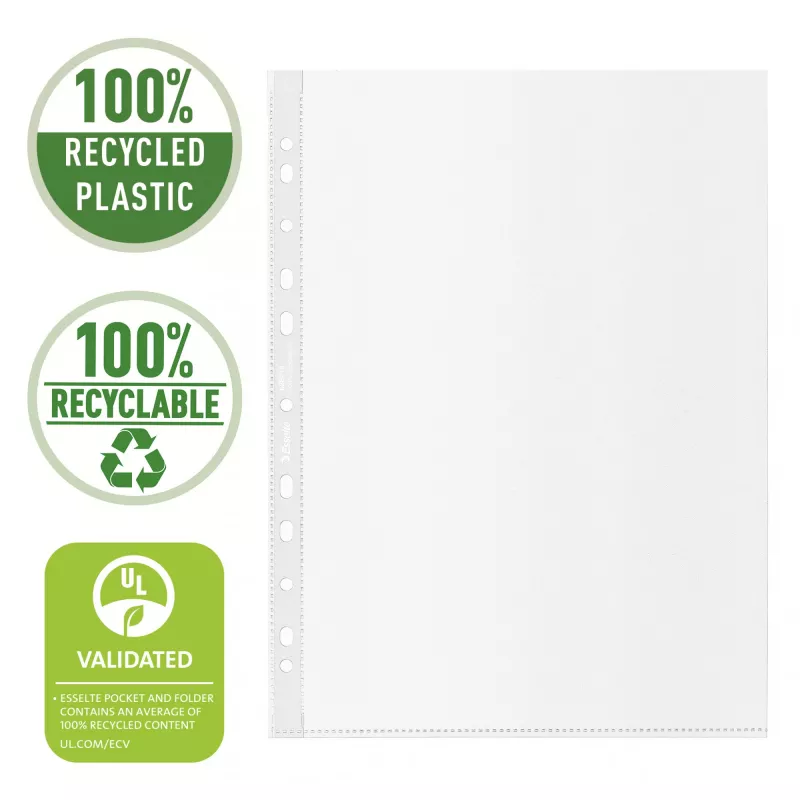 Bolsa reciclada Esselte A4, 210 x 297 mm (A4), transparente, polipropileno (PP), vertical, topo, 0,07 mm