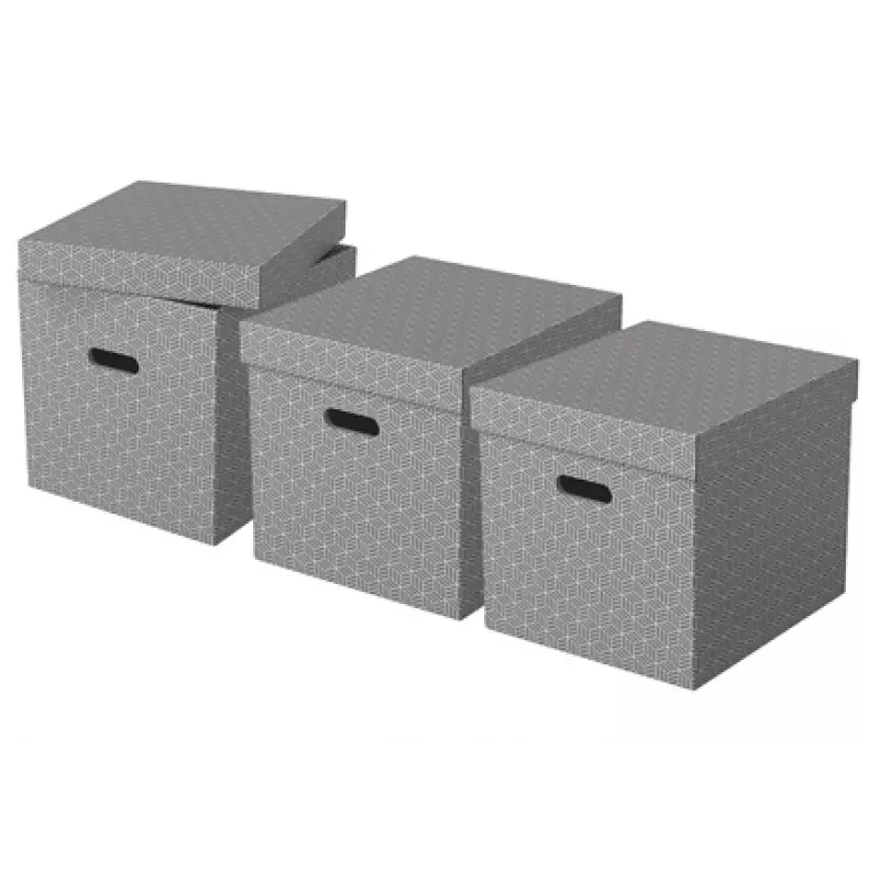 Caixa de arrumação Esselte Home Storage Box Cube, pack de 3, cartão, cinzento, 320 mm, 315 mm, 365 mm, 850 g