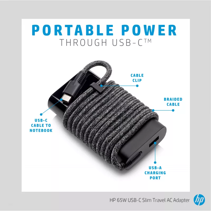 HP 65W fonte de alimentação de viagem USB-C fina, portátil, universal, 90 V, 47 - 63 Hz, 65 W, 20 V