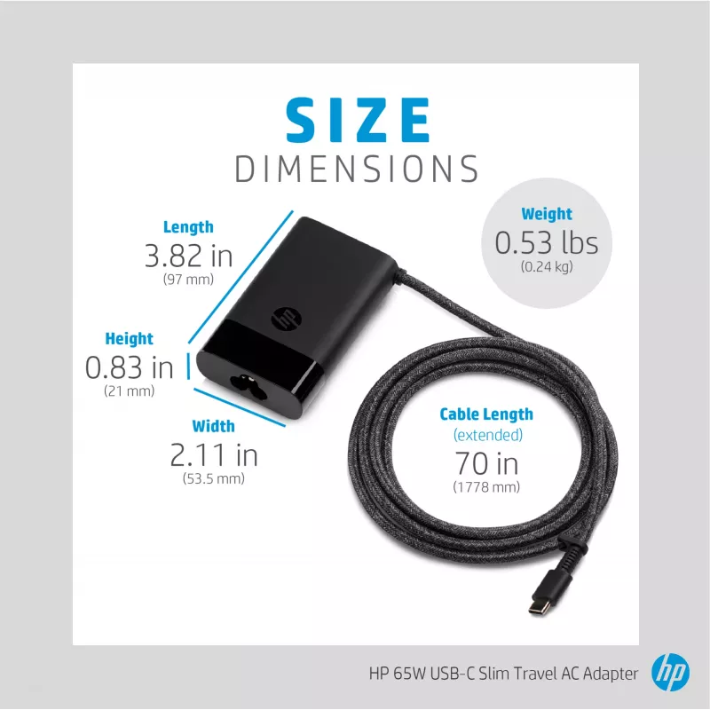 HP 65W fonte de alimentação de viagem USB-C fina, portátil, universal, 90 V, 47 - 63 Hz, 65 W, 20 V