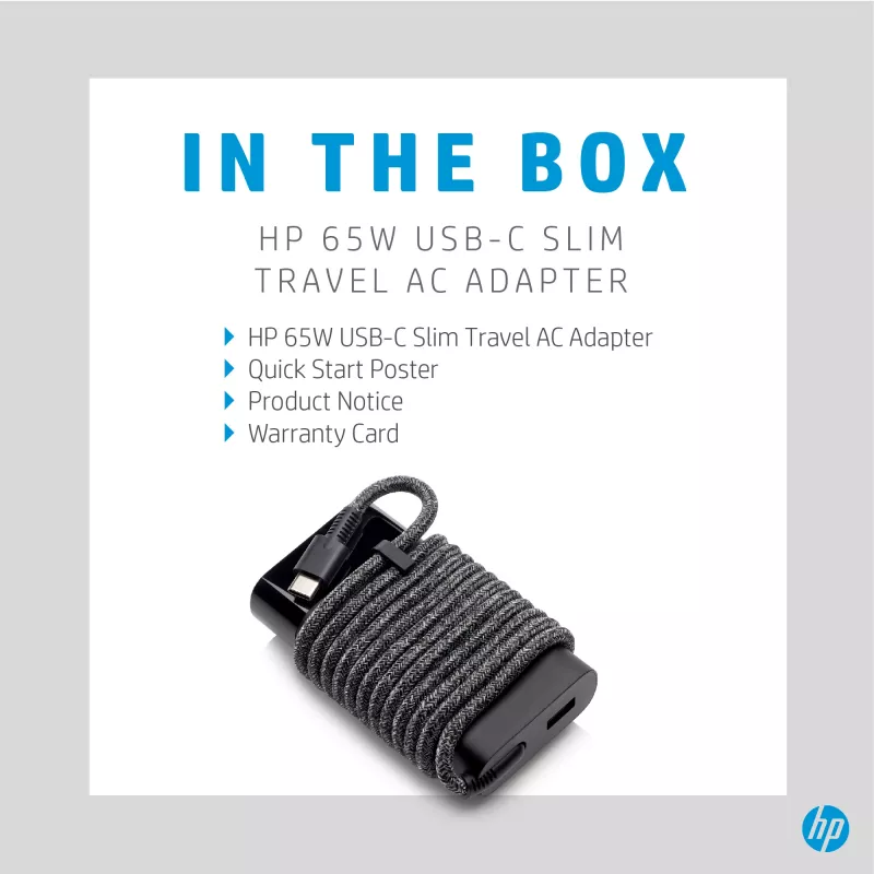 HP 65W fonte de alimentação de viagem USB-C fina, portátil, universal, 90 V, 47 - 63 Hz, 65 W, 20 V