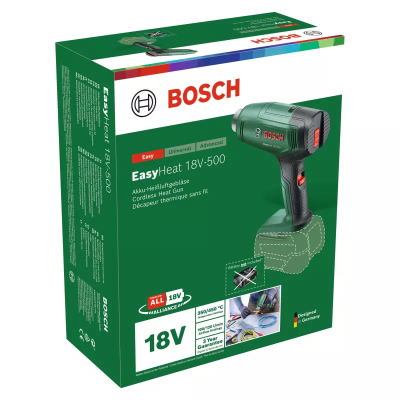 Bosch EasyHeat 18V-500 pistola de ar quente sem fios, Solo (sem bateria e carregador), verde/preto