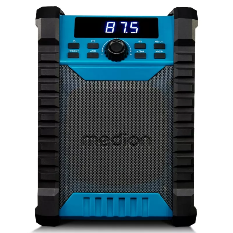 Rádio digital portátil MEDION LIFE E65895 (MD 43895) — sintonizador PLL, 10 W RMS, LCD, Bluetooth 10 m, IP54, antena externa, preto/azul