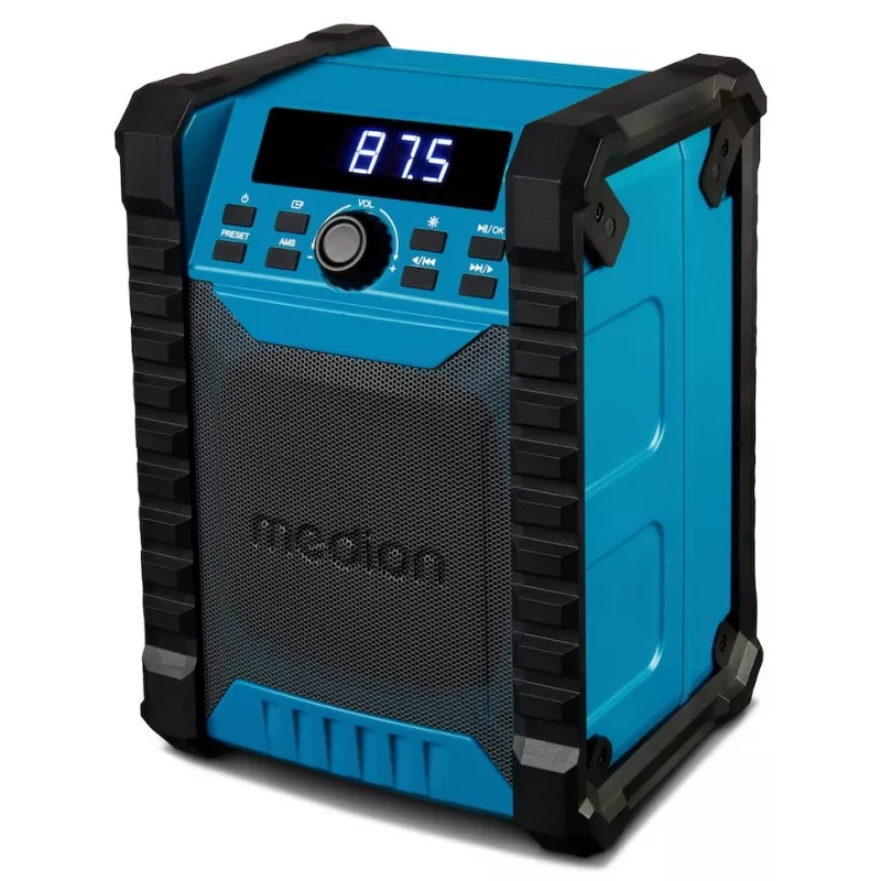 Rádio digital portátil MEDION LIFE E65895 (MD 43895) — sintonizador PLL, 10 W RMS, LCD, Bluetooth 10 m, IP54, antena externa, preto/azul