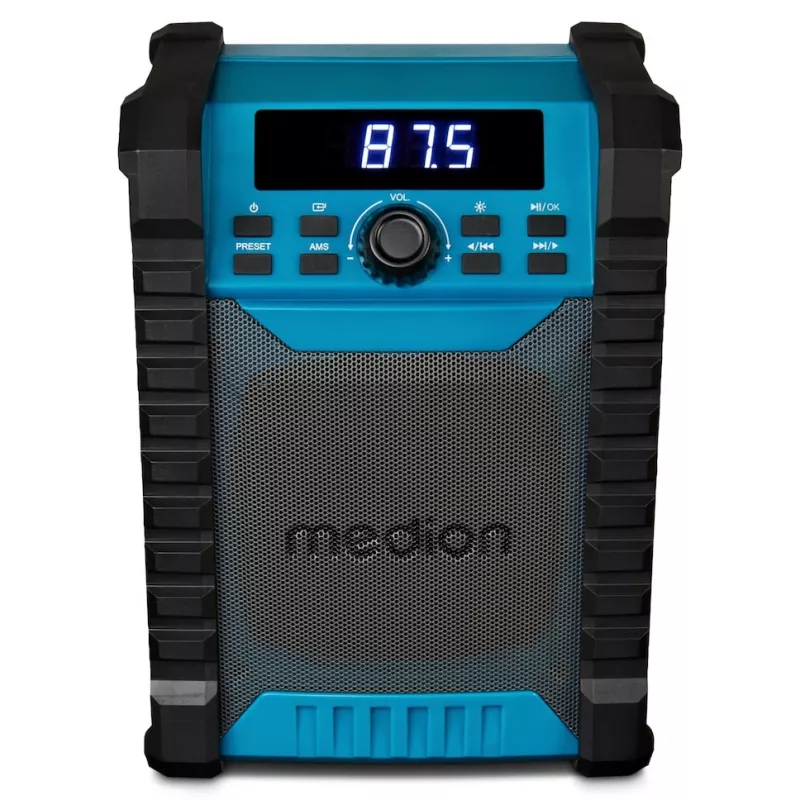 Rádio digital portátil MEDION LIFE E65895 (MD 43895) — sintonizador PLL, 10 W RMS, LCD, Bluetooth 10 m, IP54, antena externa, preto/azul