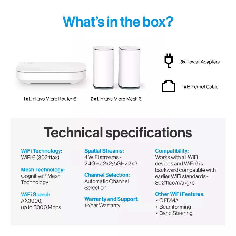 Linksys Velop Micro 6 Sistema mesh – Dual-Band WiFi 6 AX3000 (pack de 3)