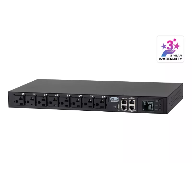PDU eco com medição ATEN 32A 8 tomadas 1HE, com medição, 1HE, preto, LCD, 8 saídas AC, conector fêmea C13, conector fêmea C19