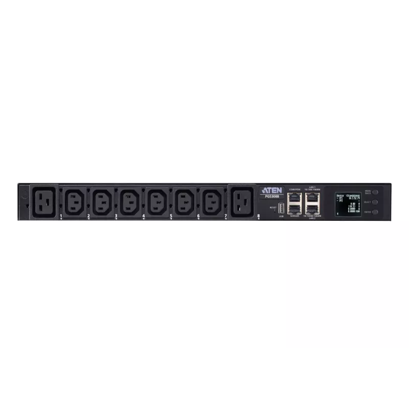 PDU eco com medição ATEN 32A 8 tomadas 1HE, com medição, 1HE, preto, LCD, 8 saídas AC, conector fêmea C13, conector fêmea C19