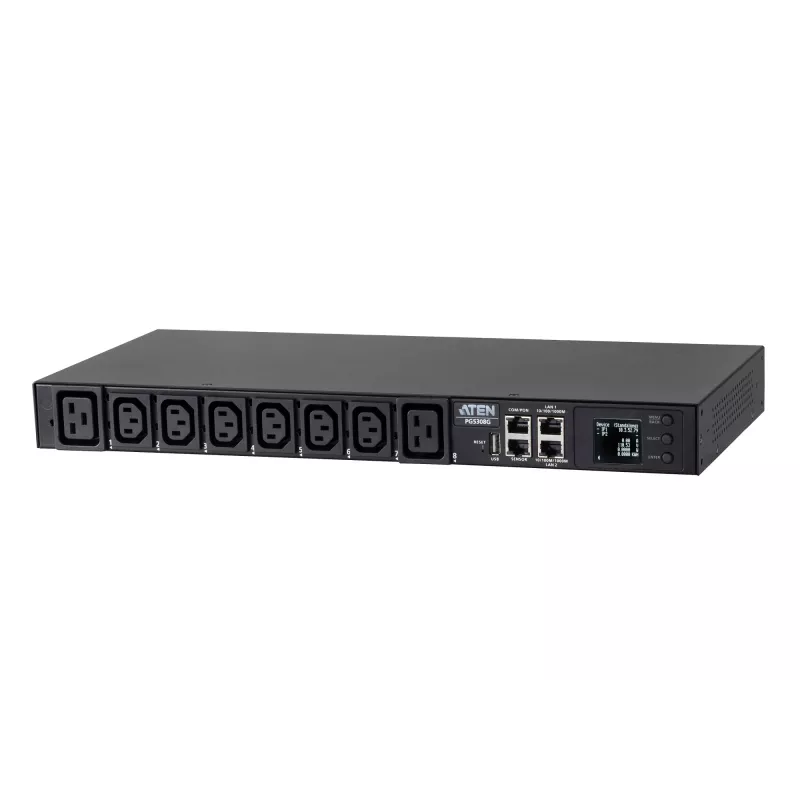 PDU eco com medição ATEN 32A 8 tomadas 1HE, com medição, 1HE, preto, LCD, 8 saídas AC, conector fêmea C13, conector fêmea C19