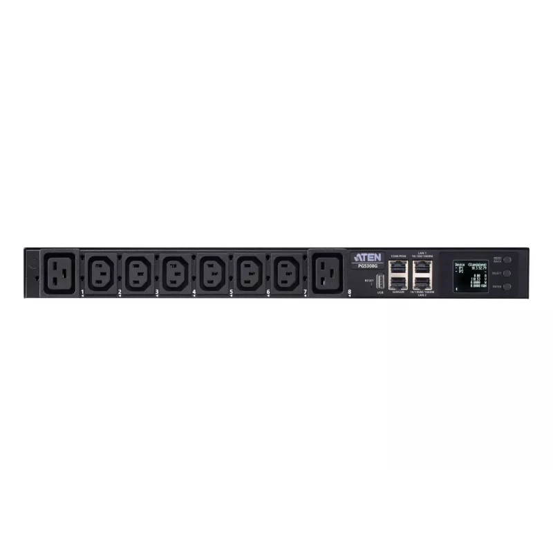 PDU eco com medição ATEN 32A 8 tomadas 1HE, com medição, 1HE, preto, LCD, 8 saídas AC, conector fêmea C13, conector fêmea C19