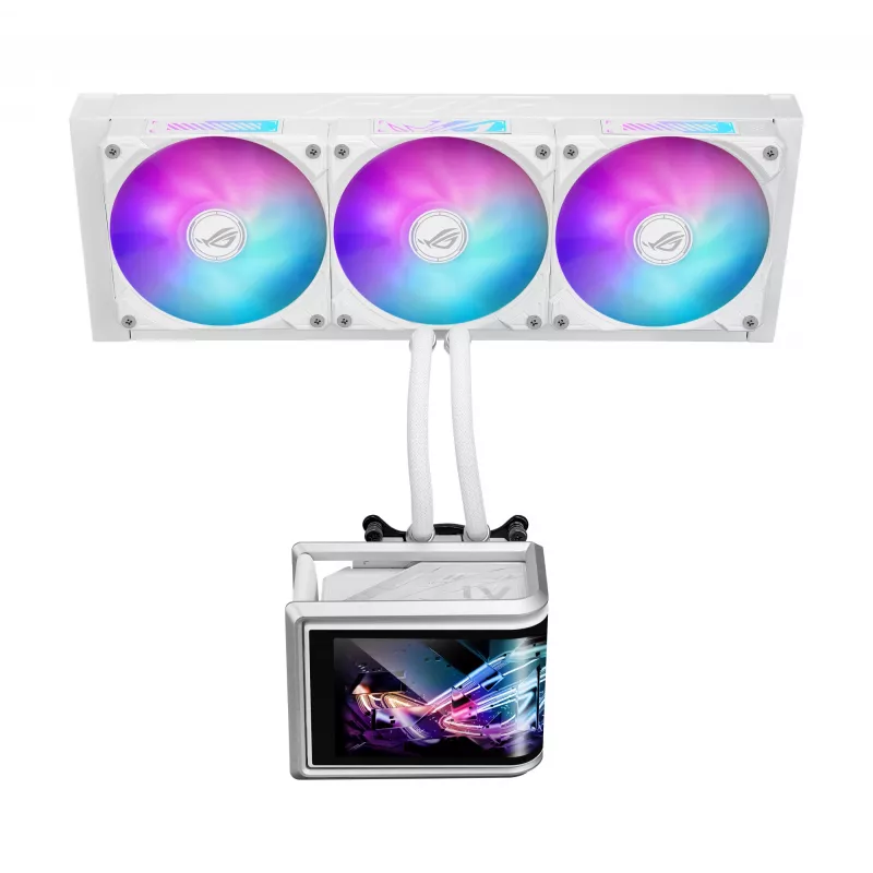 Refrigeração líquida tudo-em-um ASUS ROG Ryuo IV SLC 360 ARGB White Edition — radiador de 360 mm, 3 ventoinhas de 120 mm, ecrã AMOLED, suporte para LGA 1700