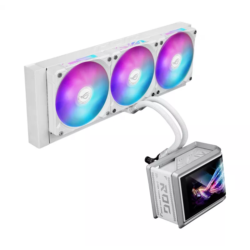 Refrigeração líquida tudo-em-um ASUS ROG Ryuo IV SLC 360 ARGB White Edition — radiador de 360 mm, 3 ventoinhas de 120 mm, ecrã AMOLED, suporte para LGA 1700