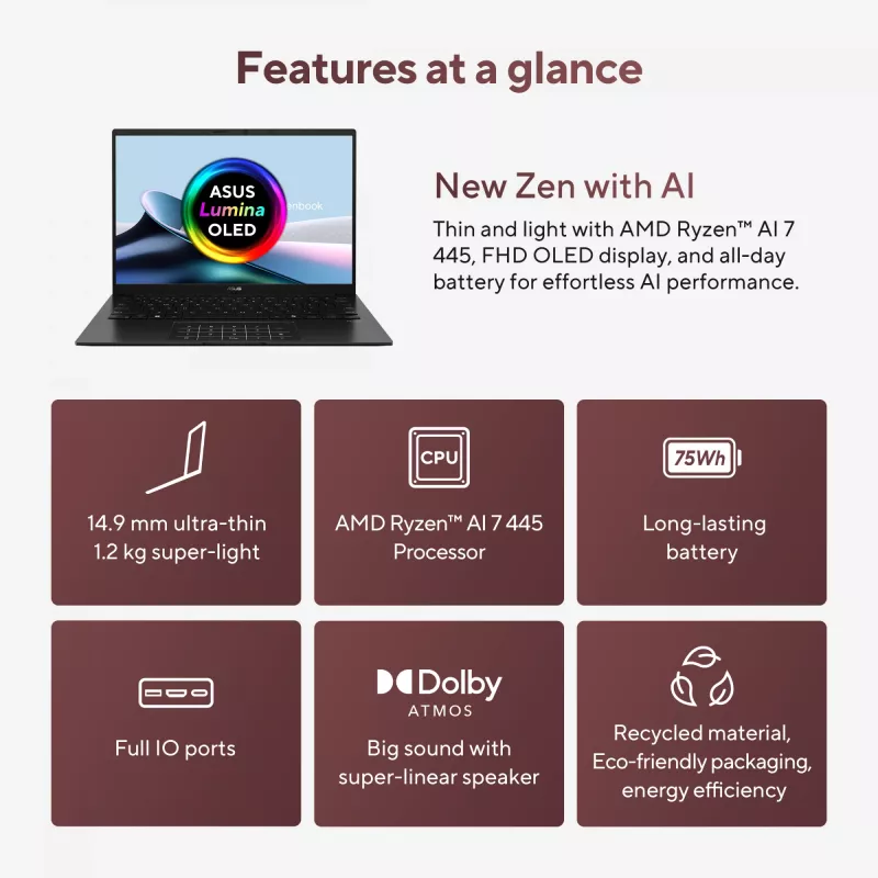 ASUS Zenbook 14 OLED UM3406GA-QD031W Copilot+ PC AMD Ryzen™ AI 7 445 Portátil 35,6 cm (14