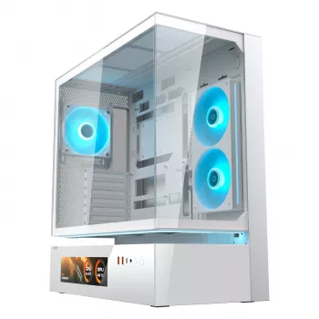 Caixa de PC Midi Tower COUGAR CFV235 Vision – ARGB, LCD 23,3 cm (9,16 polegadas), vidro temperado, branco, suporta ATX/Micro-ITX, 2x 3,5 polegadas + 2x 2,5 polegadas