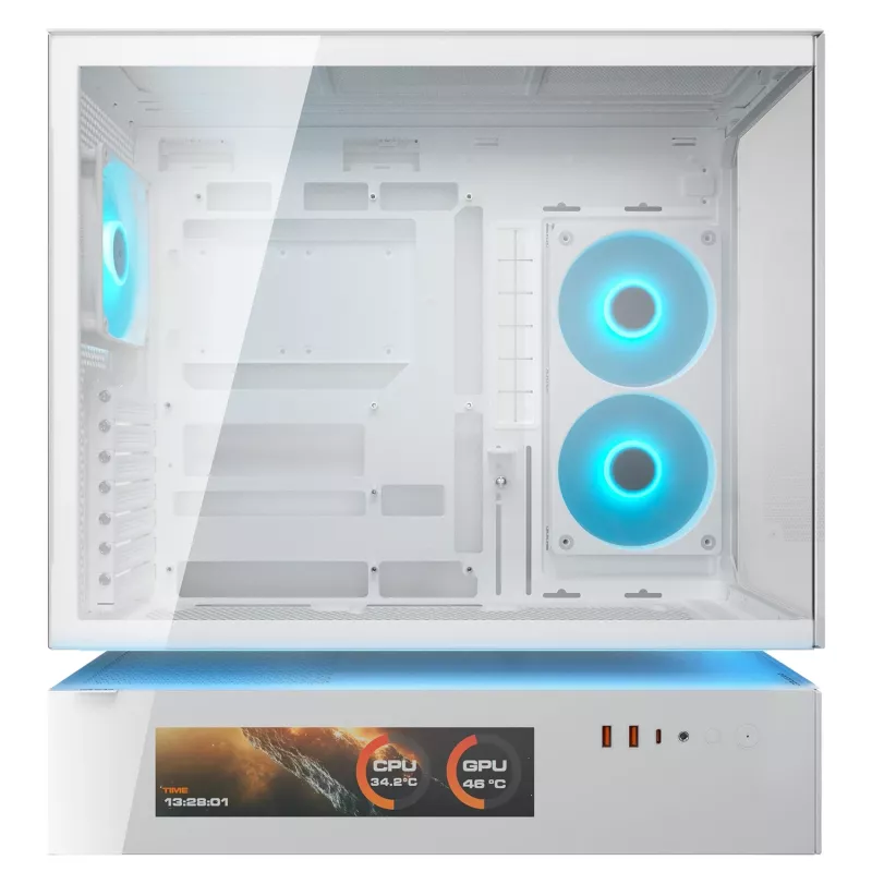 Caixa de PC Midi Tower COUGAR CFV235 Vision – ARGB, LCD 23,3 cm (9,16 polegadas), vidro temperado, branco, suporta ATX/Micro-ITX, 2x 3,5 polegadas + 2x 2,5 polegadas
