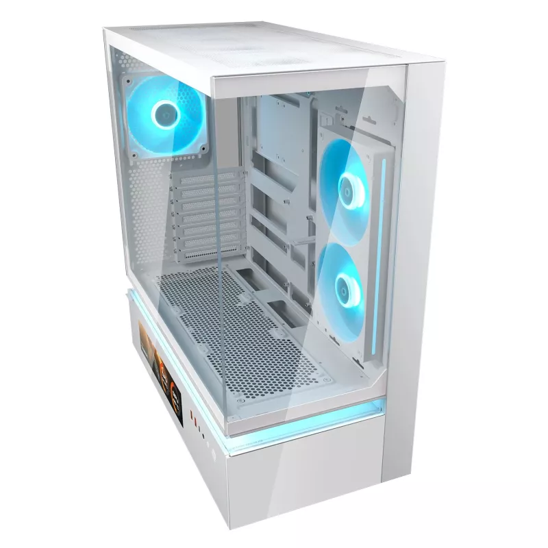 Caixa de PC Midi Tower COUGAR CFV235 Vision – ARGB, LCD 23,3 cm (9,16 polegadas), vidro temperado, branco, suporta ATX/Micro-ITX, 2x 3,5 polegadas + 2x 2,5 polegadas