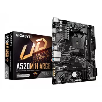 GIGABYTE A520M H ARGB Motherboard - Suporta CPUs AMD Ryzen 5000 Série, até 5100MHz DDR4 (OC), PCIe 3.0 x4 M.2, 1 GbE LAN, USB 3.2 Gen 1