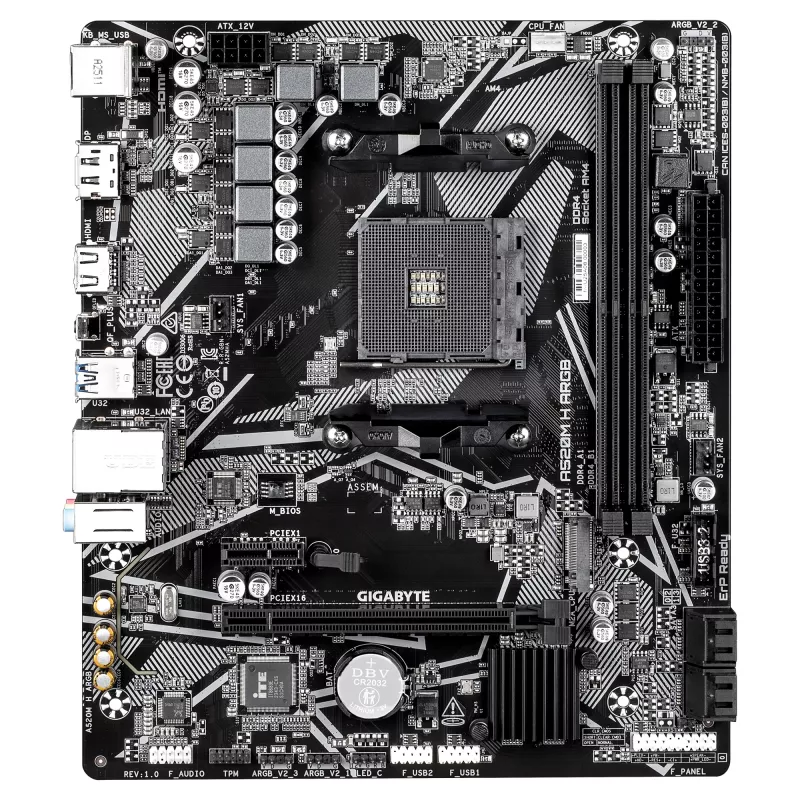 GIGABYTE A520M H ARGB Motherboard - Suporta CPUs AMD Ryzen 5000 Série, até 5100MHz DDR4 (OC), PCIe 3.0 x4 M.2, 1 GbE LAN, USB 3.2 Gen 1
