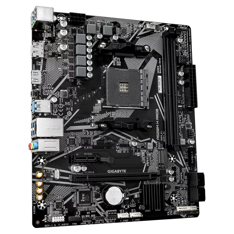 GIGABYTE A520M H ARGB Motherboard - Suporta CPUs AMD Ryzen 5000 Série, até 5100MHz DDR4 (OC), PCIe 3.0 x4 M.2, 1 GbE LAN, USB 3.2 Gen 1