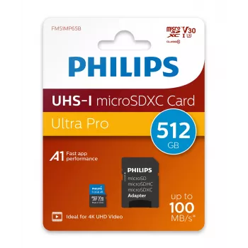 Philips FM51MP65B/00 cartão microSDXC, 512 GB, Class 10, UHS-I U3, incl. adaptador