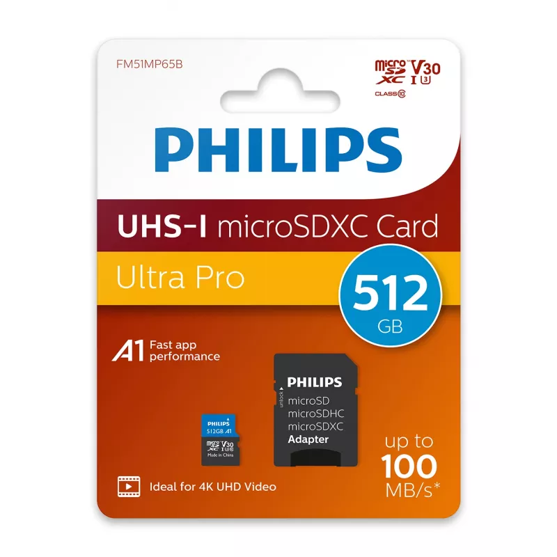 Philips FM51MP65B/00 cartão microSDXC, 512 GB, Class 10, UHS-I U3, incl. adaptador