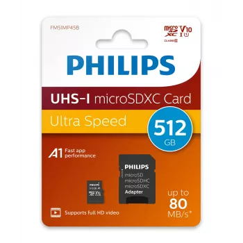 Philips FM51MP45B/00 cartão microSDXC, 512 GB, Class 10, UHS-I U1, incl. adaptador