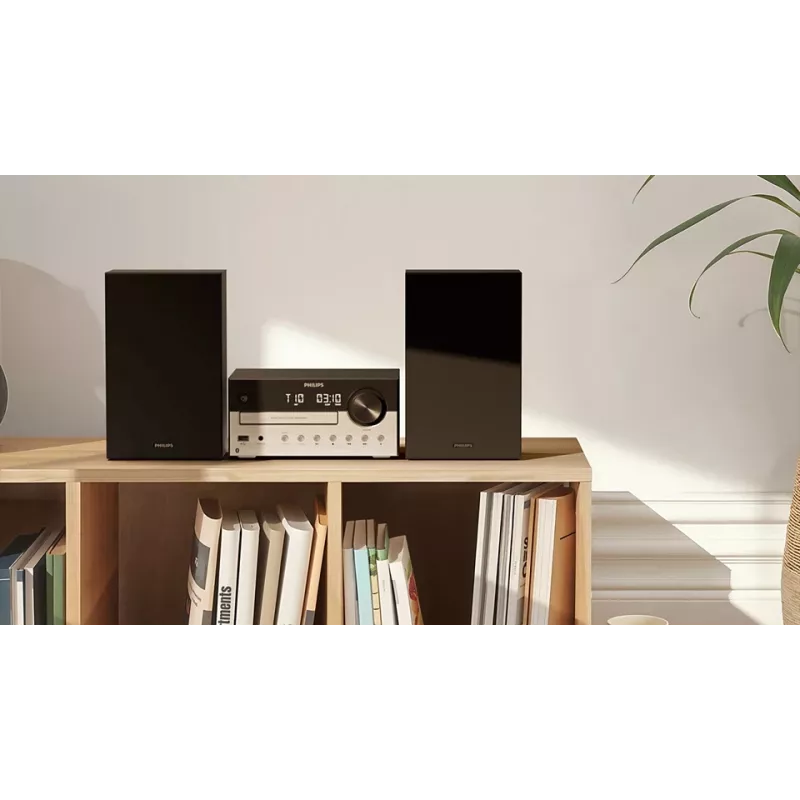 Micro-sistema de áudio doméstico Philips TAM4205M2/12 — 80 W RMS, colunas de 2 vias, Bluetooth, FM, visor LED, carregamento de disco por gaveta (preto/prateado)