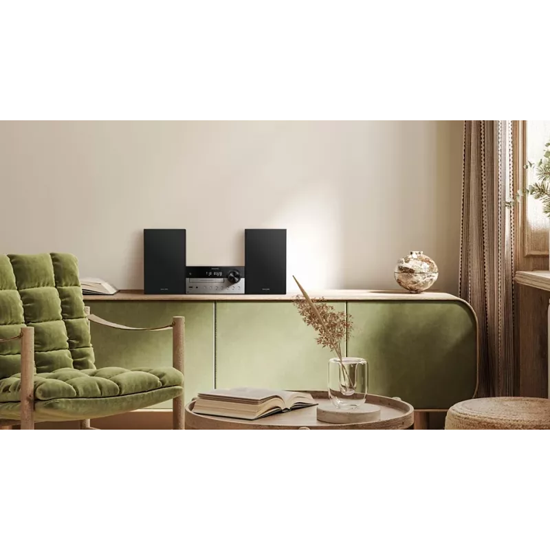 Micro-sistema de áudio doméstico Philips TAM4205M2/12 — 80 W RMS, colunas de 2 vias, Bluetooth, FM, visor LED, carregamento de disco por gaveta (preto/prateado)