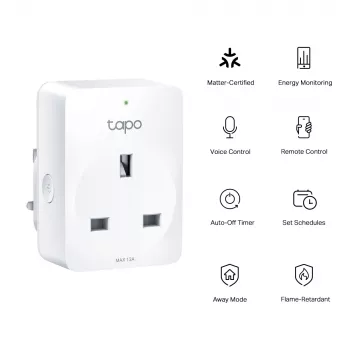 Tomada inteligente TP-Link Tapo Mini P110M – tomada inteligente interior Wi‑Fi/Bluetooth, 16 A, 100–240 V, 3680 W, branco
