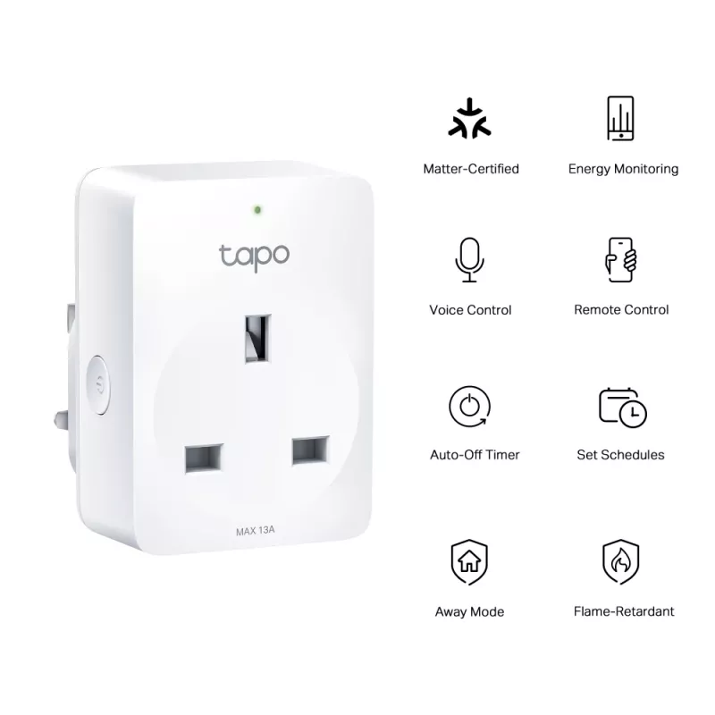 Tomada inteligente TP-Link Tapo Mini P110M – tomada inteligente interior Wi‑Fi/Bluetooth, 16 A, 100–240 V, 3680 W, branco