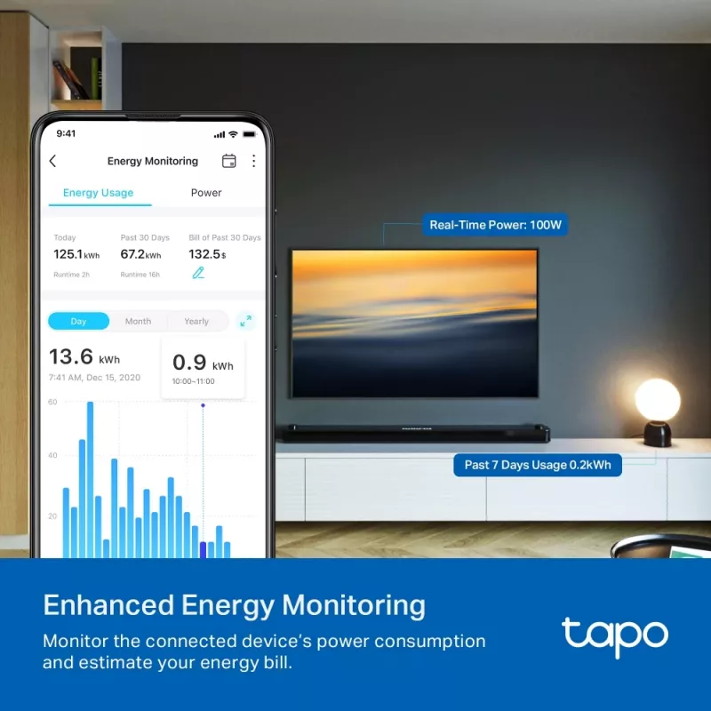 Tomada inteligente TP-Link Tapo Mini P110M – tomada inteligente interior Wi‑Fi/Bluetooth, 16 A, 100–240 V, 3680 W, branco