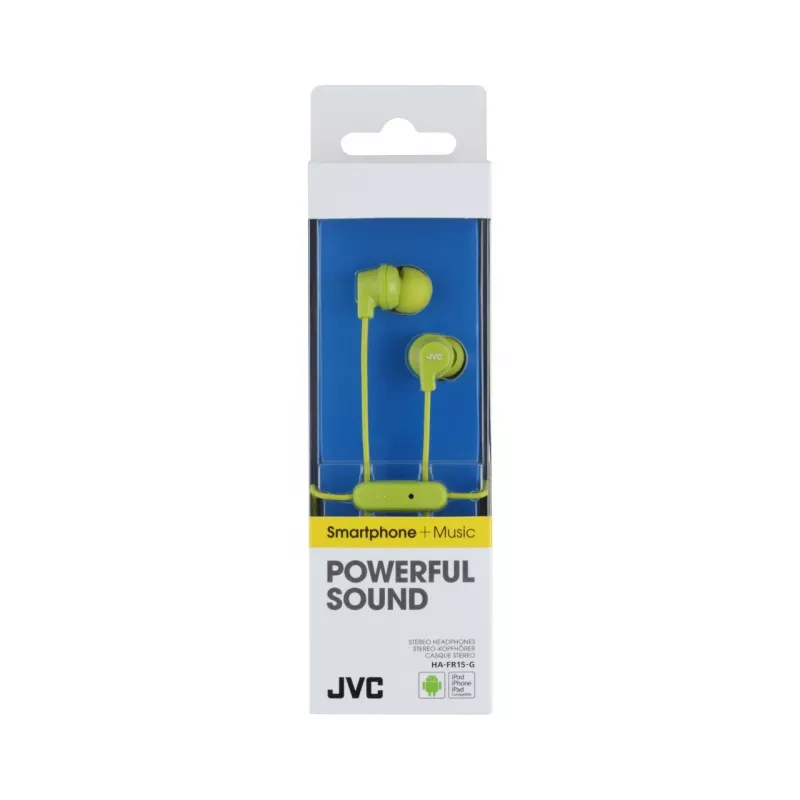 Auscultadores intra-auriculares coloridos JVC HA-FR15-G-E com telecomando e microfone