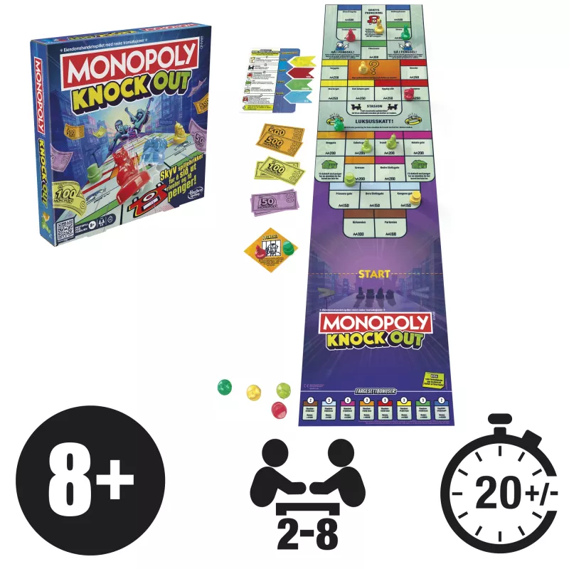 Monopoly Knockout jogo de família, jogos de tabuleiro rápidos para idade 8+, 2–8 jogadores, 20 min.
