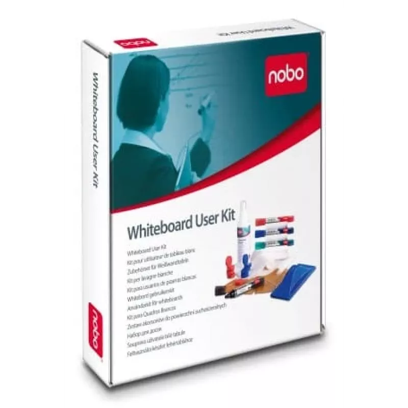 Kit de utilizador para quadro branco Nobo, conjunto de acessórios, multicolor, preto, azul, verde, vermelho, 610 g, caixa, pano de limpeza de quadro, spray de limpeza de quadro, apagador de quadro, íman de quadro, marcador de quadro