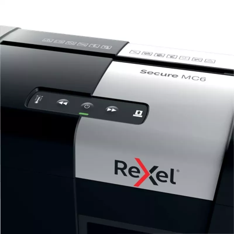 Destruidora de documentos Rexel Secure MC6 Whisper-Shred microcorte P5, microcorte, 2 x 15 mm, 18 L, 175 folhas, 55 dB, botões