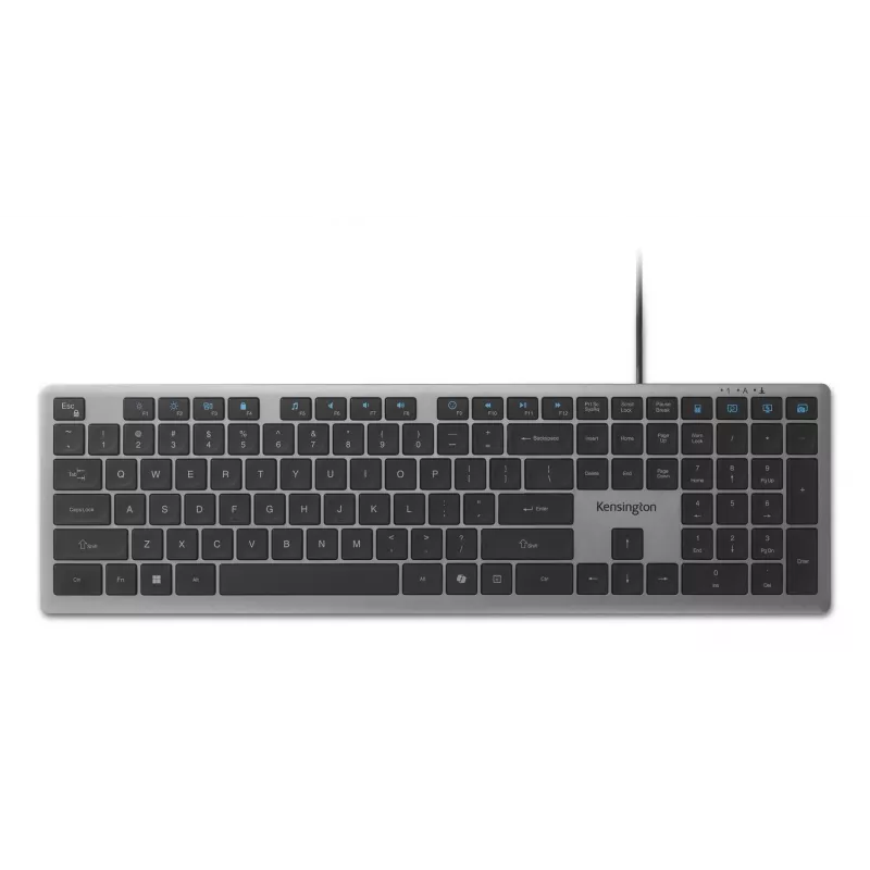Teclado com fios Kensington KB515 EQ USB-C/USB-A, tamanho completo (100%), com fios, USB, interruptores de tesoura, QWERTY, cinzento